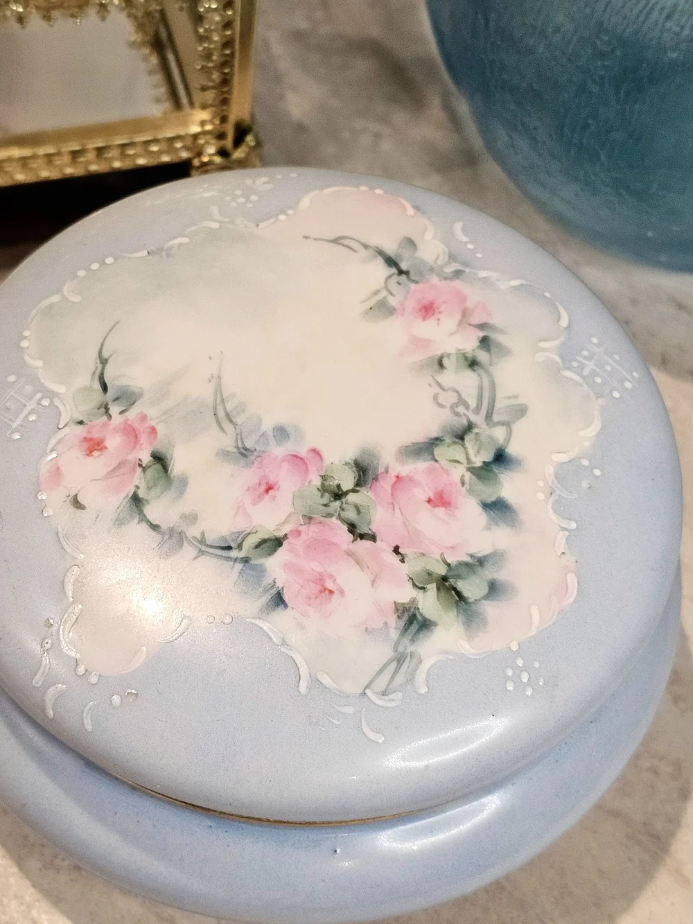 Hand Painted Porcelain Powder Box Limoges France Trinket Box Roses Gold Trim